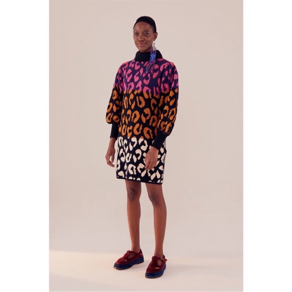 FARM Rio Leopard Pattern Sweater Dress High Neck Multicolored Sz L NWT